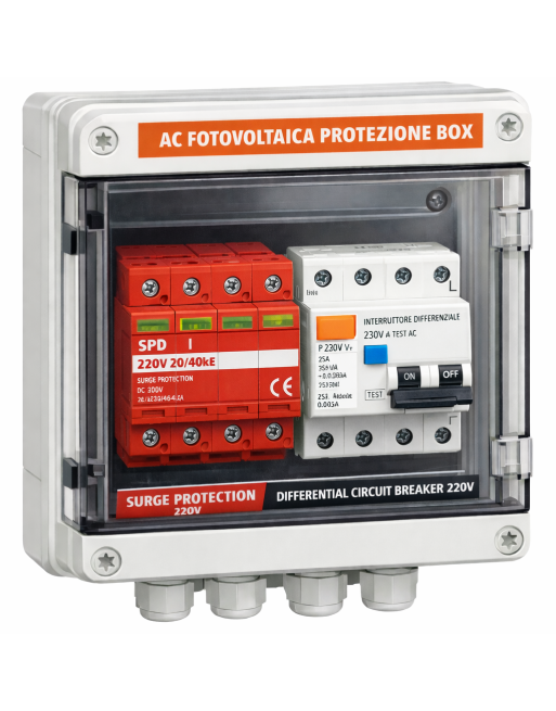 Quadro di Protezione AC Fotovoltaico Monofase con SPD Tipo 2, Magnetotermico 32A e Differenziale Classe A 30mA