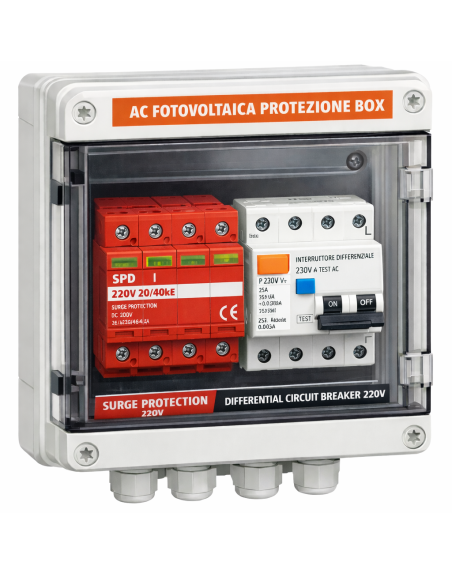 Quadro di Protezione AC Fotovoltaico Monofase con SPD Tipo 2, Magnetotermico 32A e Differenziale Classe A 30mA