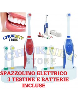 SPAZZOLINO ELETTRICO 2 TESTINE 2 BATTERIE INCLUSE DENTI TESTA ROTANTE CON BASE