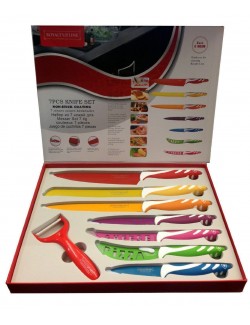 SET 7 COLTELLI DA CUCINA COLORATI RIVESTIMENTO CERAMICA PELAPATATE ACCIAIO INOX ROYALTY LINE