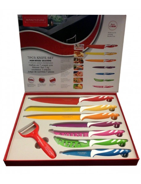 SET 7 COLTELLI DA CUCINA COLORATI RIVESTIMENTO CERAMICA PELAPATATE ACCIAIO INOX ROYALTY LINE