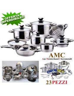 BATTERIA SET PENTOLE PADELLE TEGAMI AMC INDUZIONE ANTIADERENTE ACCIAIO INOX 23 PEZZI COPERCHI