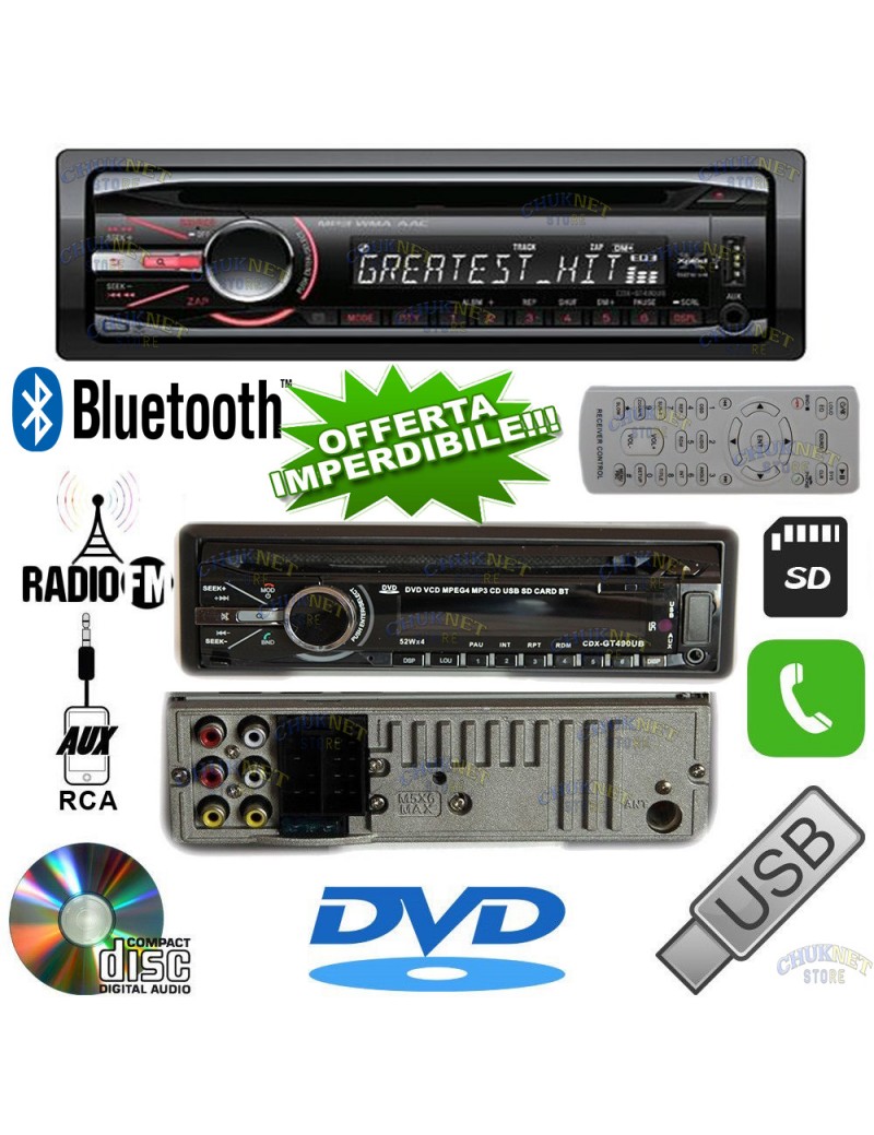 AUTORADIO 1DIN CD DVD MP3 AUX USB SD VIVAVOCE BLUETOOTH STEREO LETTORE