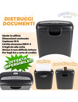 DISTRUGGI DOCUMENTI TRITACARTE 6 FOGLI A4 CARTE CREDITO CESTINO 10L UFFICIO