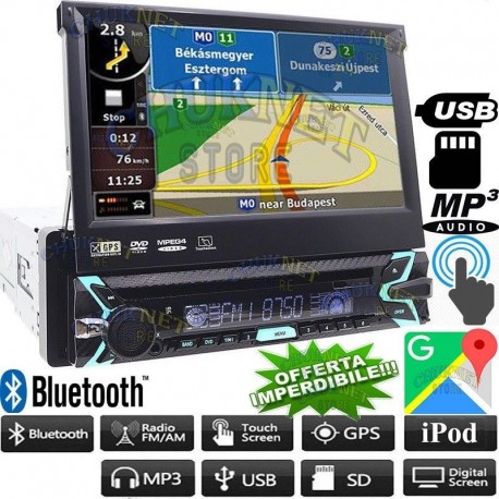 AUTORADIO GPS NAVIGATORE 1DIN MOTORIZZATO 7" BLUETOOTH SD USB AUX HD STEREO