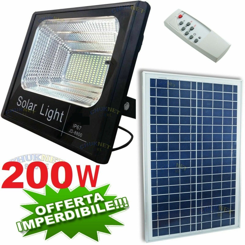 FARO FARETTO 200W PANNELLO ENERGIA SOLARE FOTOVOLTAICO CREPUSCOLARE