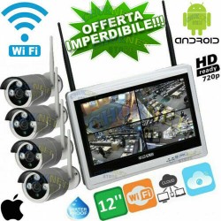 KIT VIDEOSORVEGLIANZA IP WIFI+NVR+MONITOR 12 WIRELESS NVR 4 CANALI 4 TELECAMERA