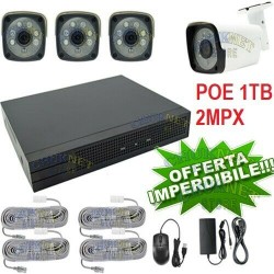 KIT IP POE 4 CANALI NVR 2 MPX VIDEOSORVEGLIANZA H264 CLOUD HD 1TB TELECAMERE LAN