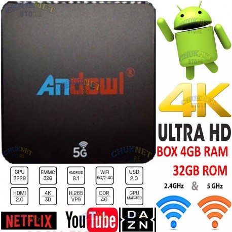 SMART TV BOX ANDROID 8.1 4K 4GB RAM 32GB ROM IPTV 5G ANDOWL Q-M6 DUAL BAND KODI