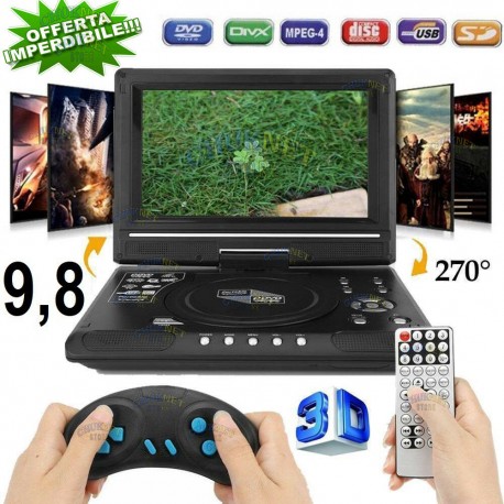 LETTORE DVD CD GIOCHI TV PORTATILE 9.8 POLLICI LCD VIDEO DVX MP4 FOTO JOYSTICK