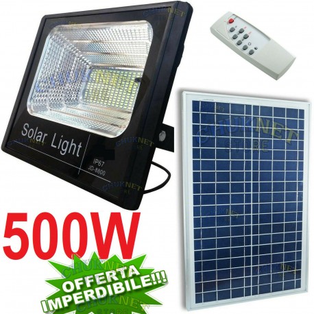 FARO FARETTO 500W LED PANNELLO ENERGIA SOLARE FOTOVOLTAICO CREPUSCOLARE BATTERIA