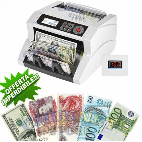 CONTA BANCONOTE RILEVATORE SOLDI EURO RILEVA BANCONOTE VERIFICATORE  MULTIVALUTA DISPLAY LCD LED IR UV MT BAT MG ADD