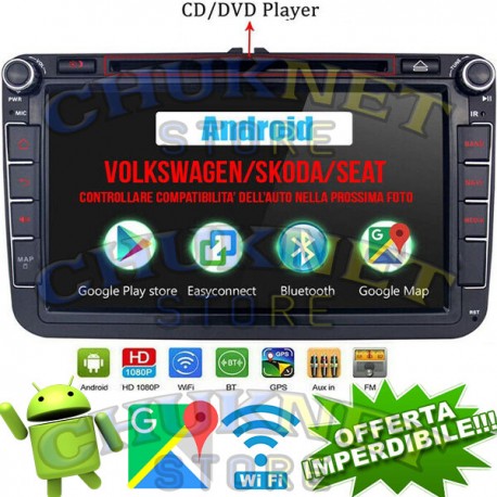 STEREO AUTO ANDROID VOLKSWAGEN SKODA E SEAT 2 DIN AUTORADIO 8 POLLICI FULL HD GPS WIFI NAVI CD DVD