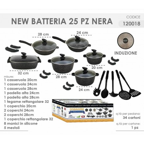 BATTERIA PENTOLE PADELLE PIETRA LAVICA 25 PEZZI INDUZIONE ANTIADERENTE PIASTRA BAVARIA